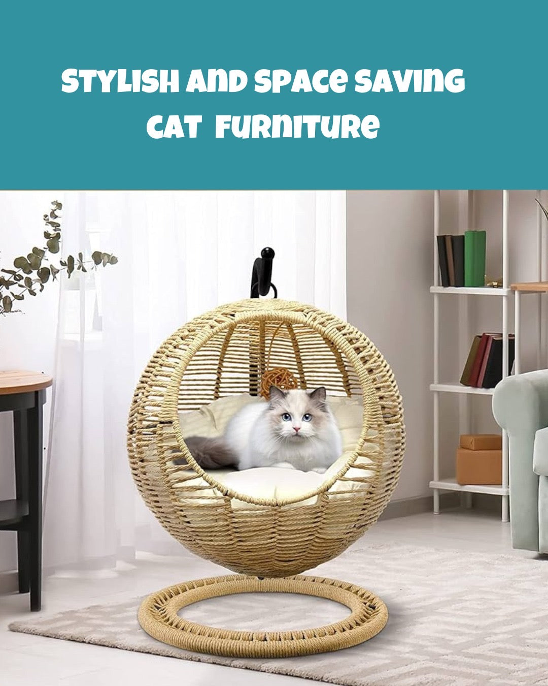 Petstreet - 100% Natural Rattan Cat Hammock, Handmade Wicker Cat Bed with Soft Cushion & Hanging Toy