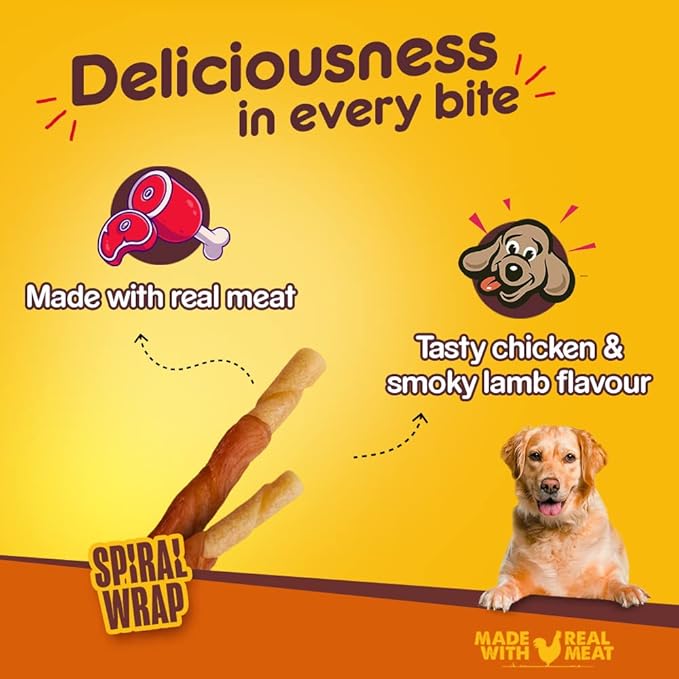 Pedigree Ranchos Spiral Wrap (1+ Years) Dog Stick Treats, Chicken & Smokey Lamb Flavour, 60 G, High In Protein & Low In Fat With No Added Sugar
