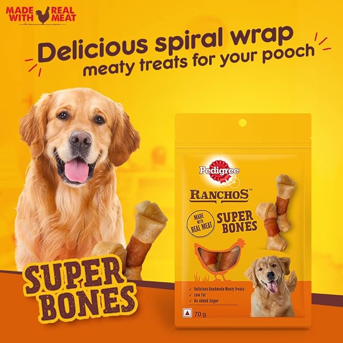 Pedigree Ranchos Super Bones (1+ Years) Adult Dog Treats, Chicken & Milky Flavour, 70 G, Low-Fat Treat