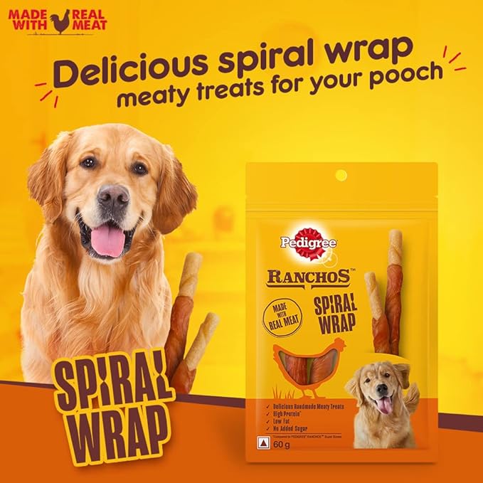 Pedigree Ranchos Spiral Wrap (1+ Years) Dog Stick Treats, Chicken & Smokey Lamb Flavour, 60 G, High In Protein & Low In Fat With No Added Sugar