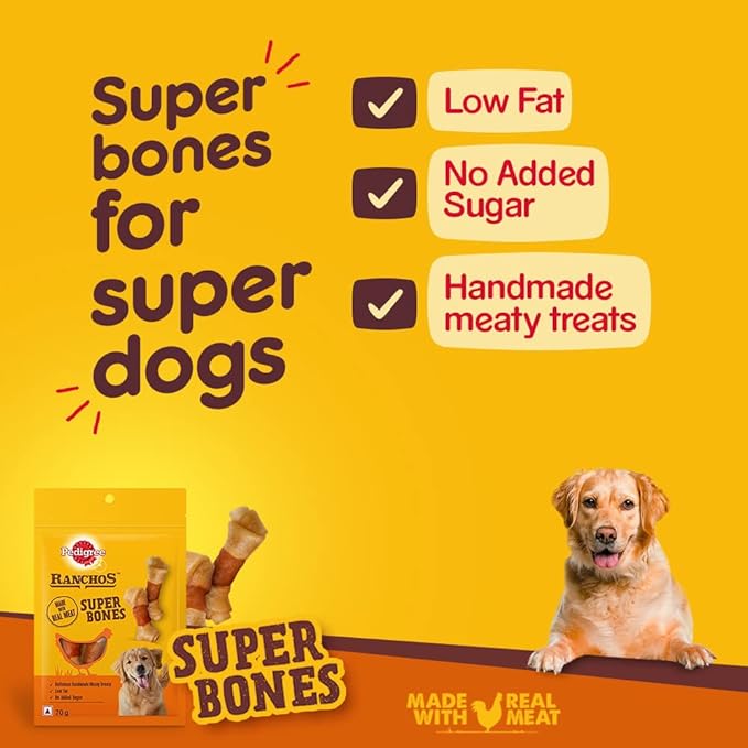 Pedigree Ranchos Super Bones (1+ Years) Adult Dog Treats, Chicken & Milky Flavour, 70 G, Low-Fat Treat