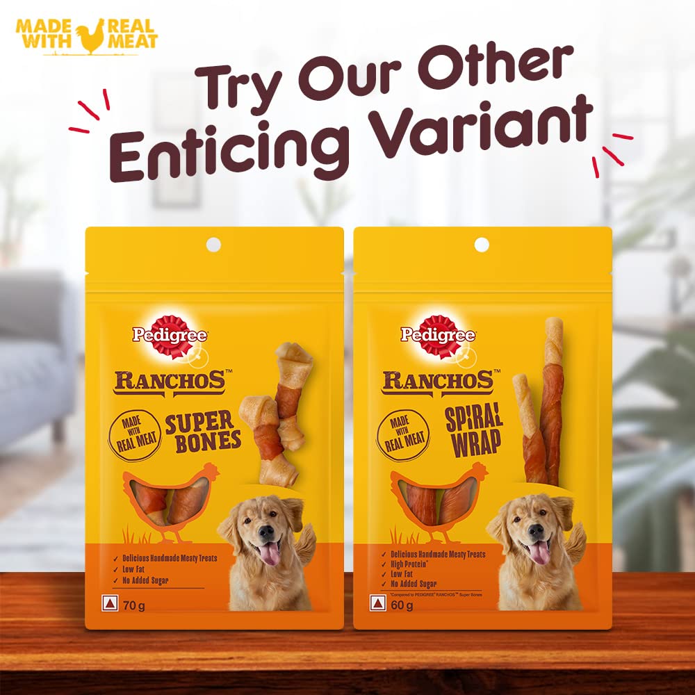 Pedigree Ranchos Spiral Wrap (1+ Years) Dog Stick Treats, Chicken & Smokey Lamb Flavour, 60 G, High In Protein & Low In Fat With No Added Sugar
