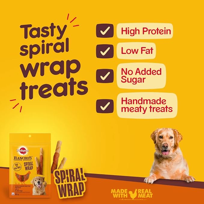 Pedigree Ranchos Spiral Wrap (1+ Years) Dog Stick Treats, Chicken & Smokey Lamb Flavour, 60 G, High In Protein & Low In Fat With No Added Sugar