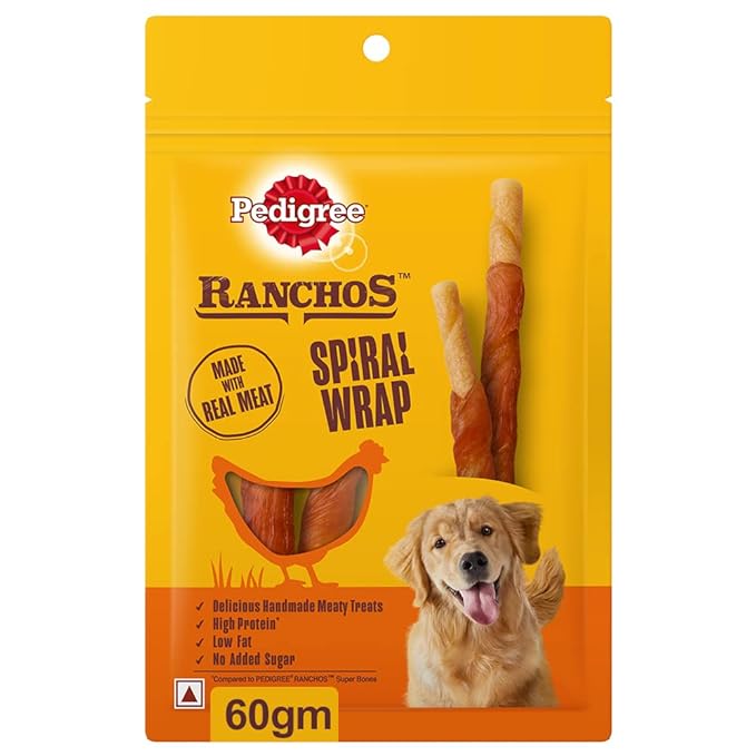 Pedigree Ranchos Spiral Wrap (1+ Years) Dog Stick Treats, Chicken & Smokey Lamb Flavour, 60 G, High In Protein & Low In Fat With No Added Sugar