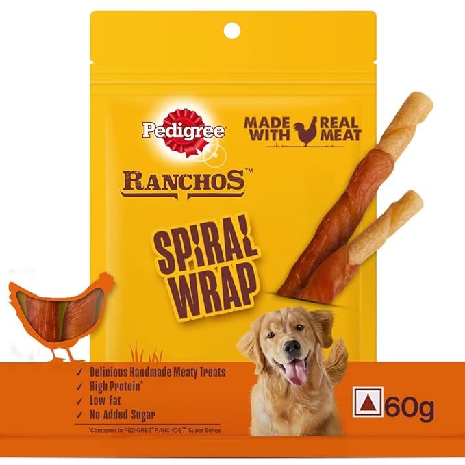 Pedigree Ranchos Spiral Wrap (1+ Years) Dog Stick Treats, Chicken & Smokey Lamb Flavour, 60 G, High In Protein & Low In Fat With No Added Sugar