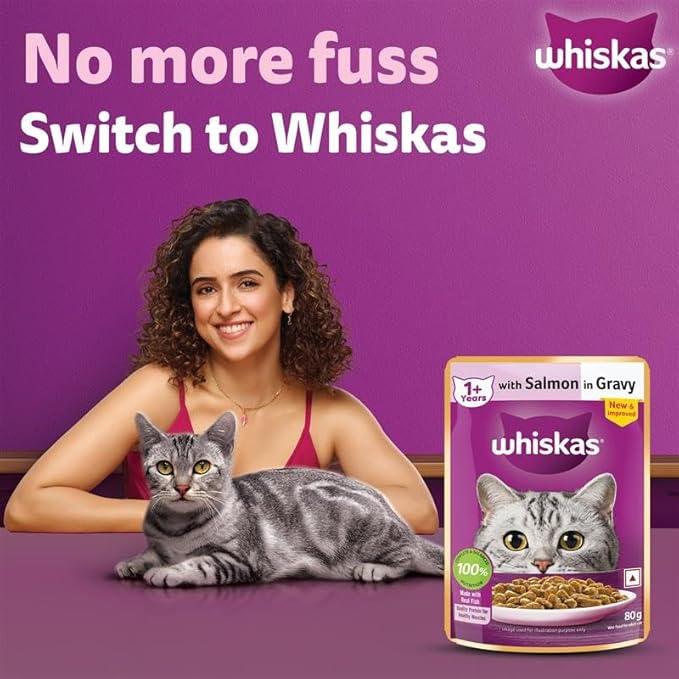 Whiskas Adult (1+ Years) Wet Cat Food, Salmon in Gravy, 80 g