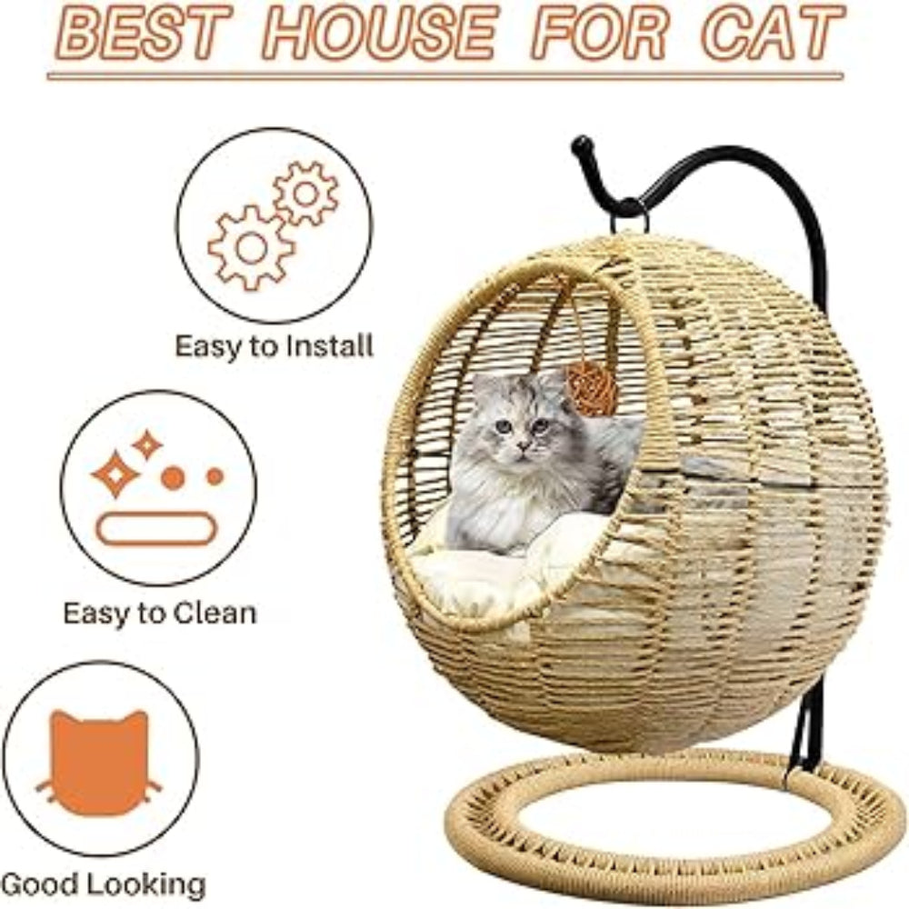 100% Natural Rattan Cat Hammock, Handmade Wicker Cat Bed with Soft Cushion & Hanging Toy
