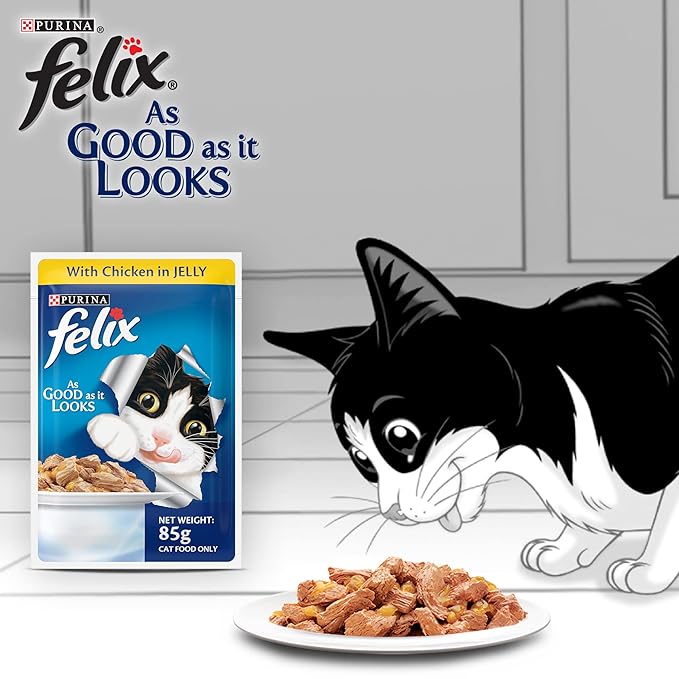 Purina Felix Wet Food for Adult Cats|Chicken Flavour|Pack of 12 Pouches (12 x 85 g)