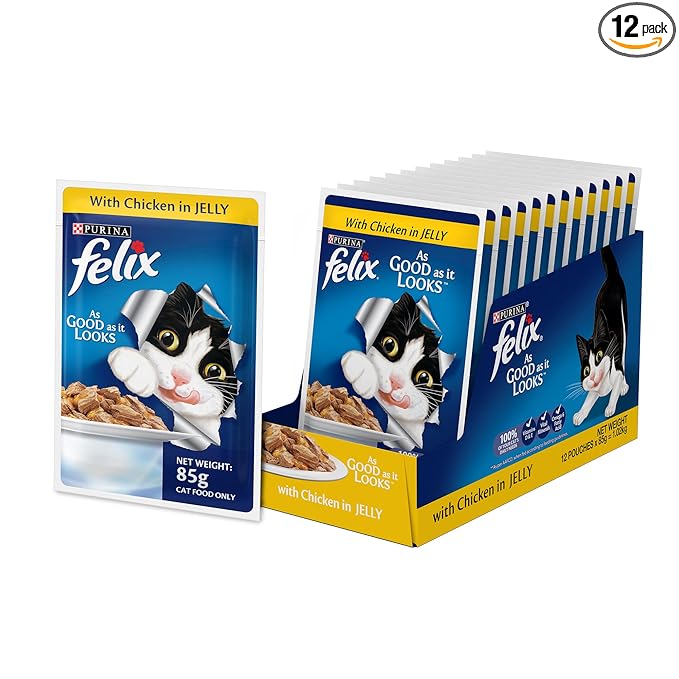 Purina Felix Wet Food for Adult Cats|Chicken Flavour|Pack of 12 Pouches (12 x 85 g)