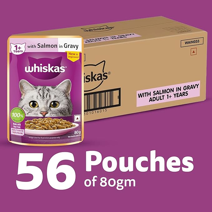 Whiskas Adult (1+ Years) Wet Cat Food, Salmon in Gravy, 80 g