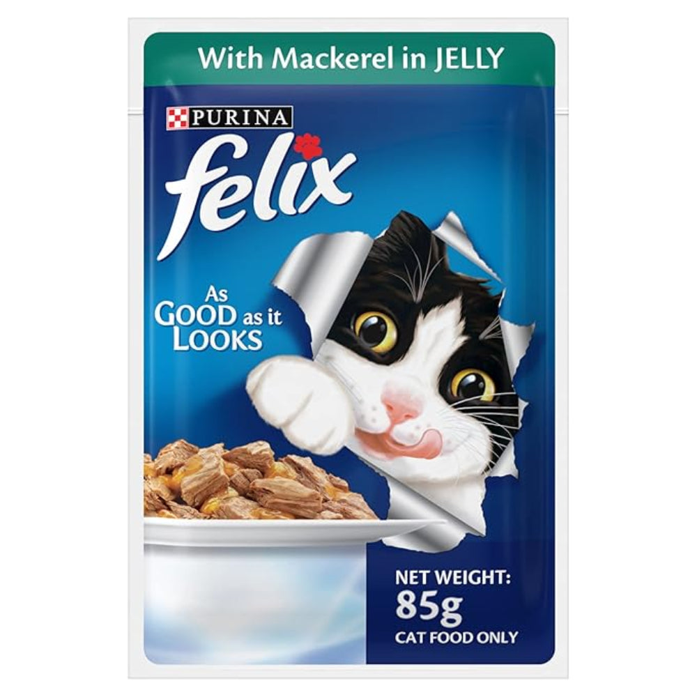 Purina Felix Wet Food for Adult Cats|Mackerel Flavour|Pack of 12 Pouches (12 x 85 g)