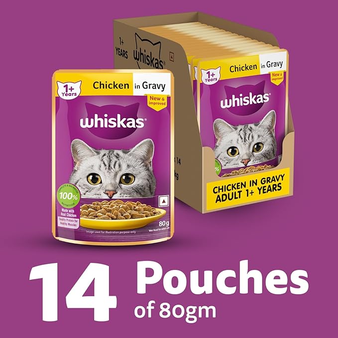 Whiskas Adult (1+ Years) Wet Cat Food, Chicken in Gravy, 80 g