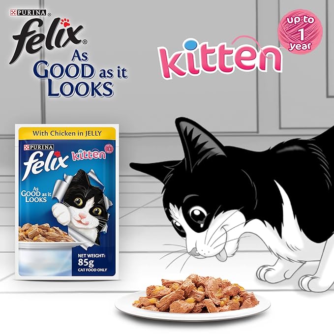 Purina Felix Wet Food for Kittens|Chicken Flavour|Pack of 12 Pouches (12 x 85 g)