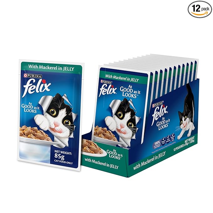 Purina Felix Wet Food for Adult Cats|Mackerel Flavour|Pack of 12 Pouches (12 x 85 g)
