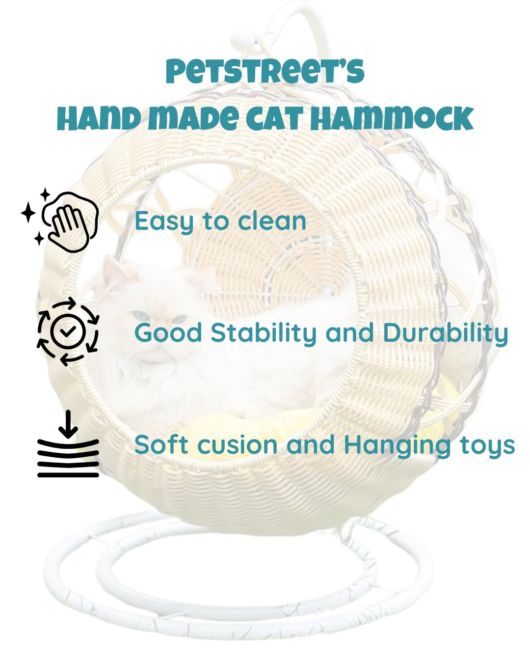 Petstreet - 100% Natural Rattan Cat Hammock, Handmade Wicker Cat Bed with Soft Cushion & Hanging Toy