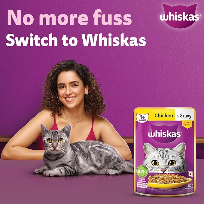 Whiskas Adult (1+ Years) Wet Cat Food, Chicken in Gravy, 80 g