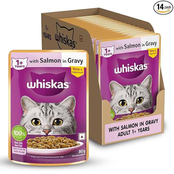 Whiskas Adult (1+ Years) Wet Cat Food, Salmon in Gravy, 80 g