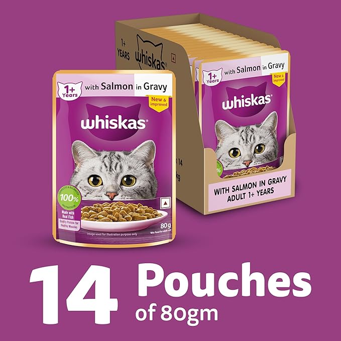 Whiskas Adult (1+ Years) Wet Cat Food, Salmon in Gravy, 80 g
