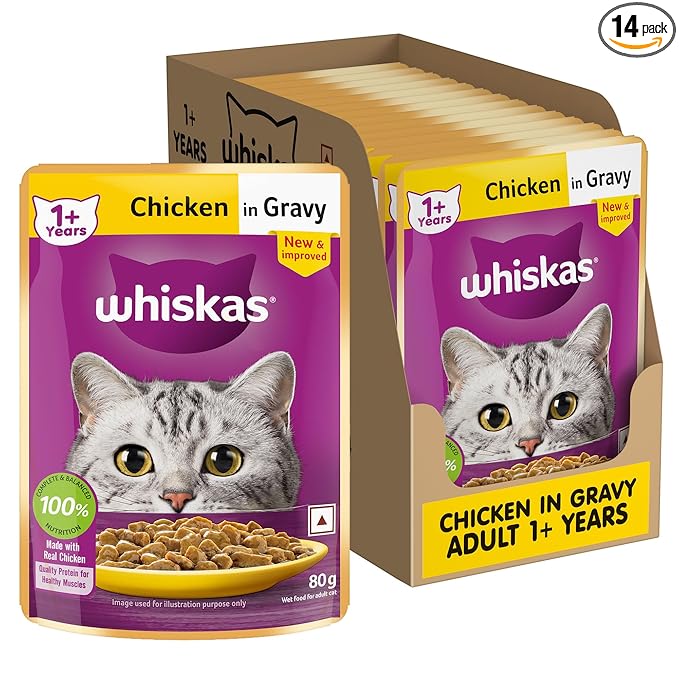 Whiskas Adult (1+ Years) Wet Cat Food, Chicken in Gravy, 80 g