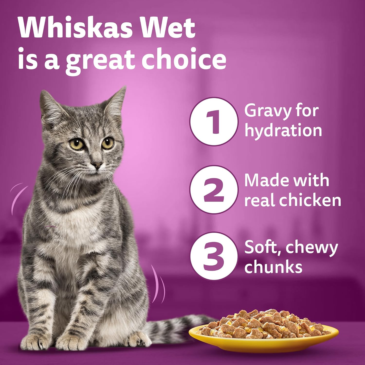 Whiskas Adult (1+ Years) Wet Cat Food, Chicken in Gravy, 80 g