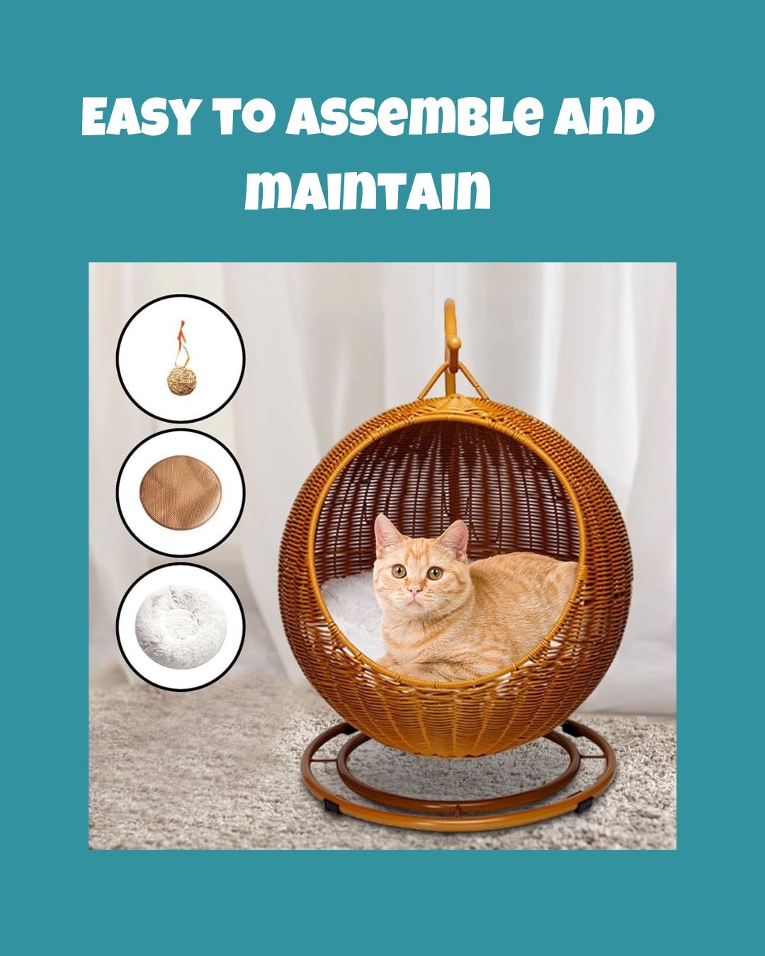 Petstreet - 100% Natural Rattan Cat Hammock, Handmade Wicker Cat Bed with Soft Cushion & Hanging Toy