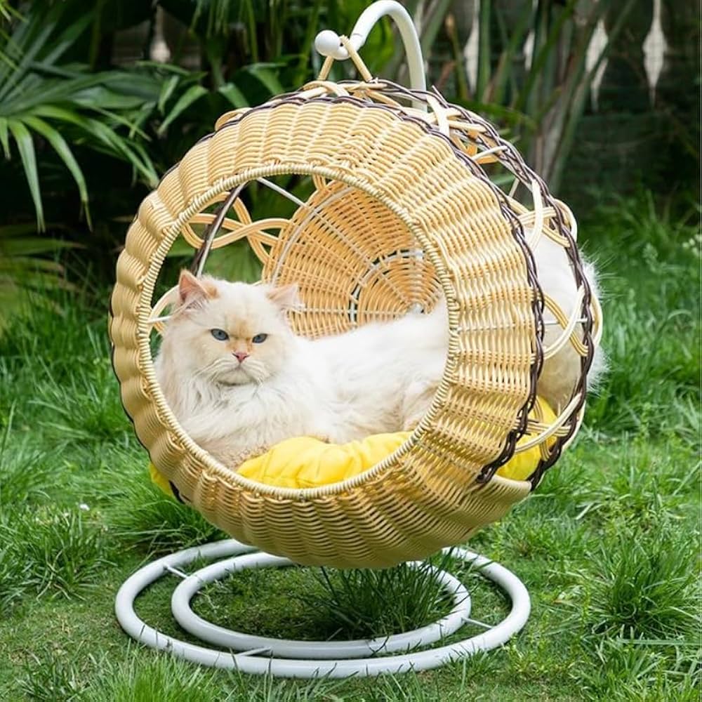 Petstreet - 100% Natural Rattan Cat Hammock, Handmade Wicker Cat Bed with Soft Cushion & Hanging Toy