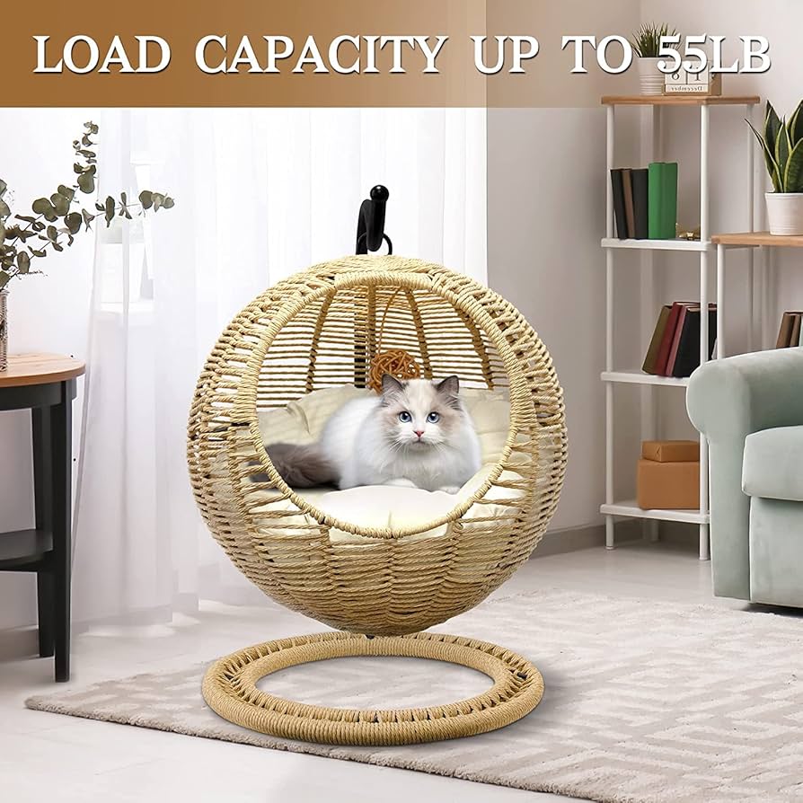 Petstreet - 100% Natural Rattan Cat Hammock, Handmade Wicker Cat Bed with Soft Cushion & Hanging Toy