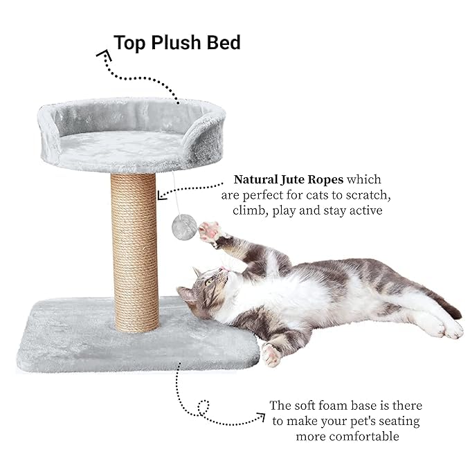 Petstreet Activity Kitten Cat Tree - Hanging Ball | Top Seat | Jute Rope Scratching Post (Height 16 Inch) Grey |