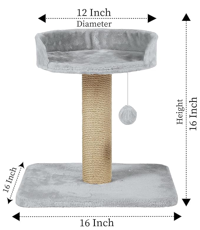 Petstreet Activity Kitten Cat Tree - Hanging Ball | Top Seat | Jute Rope Scratching Post (Height 16 Inch) Grey |