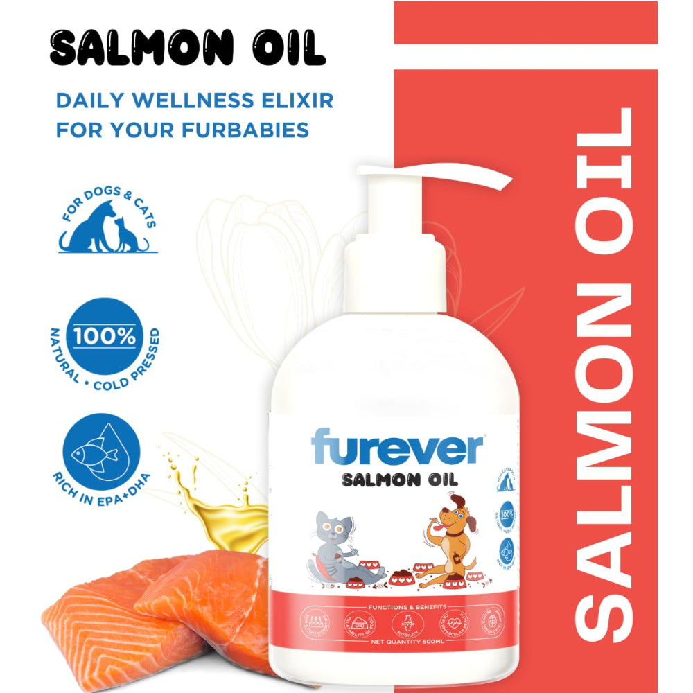 Furever Salmon Oil 500 ml for Dogs and Cats - Natural, Cold Pressed Omega 3 & 6 Supplement for Strong Hair, Lustrous Coat,