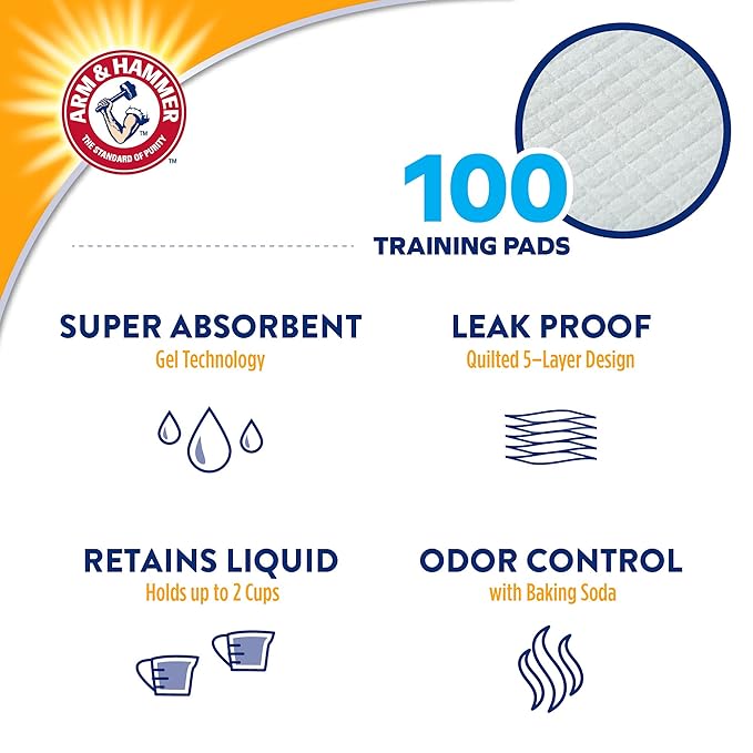 Arm & Hammer Puppy Training Pads with Attraction, Leak-Proof and Odor Control,(100 Pads) (57.1cm x 57.1cm)