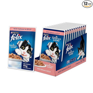 Purina Felix As Good As It Looks Wet Food for Adult Cats|Complete and Balanced Cat Food |Salmon Flavour|Pack of 12 Pouches (12 x 85 g)