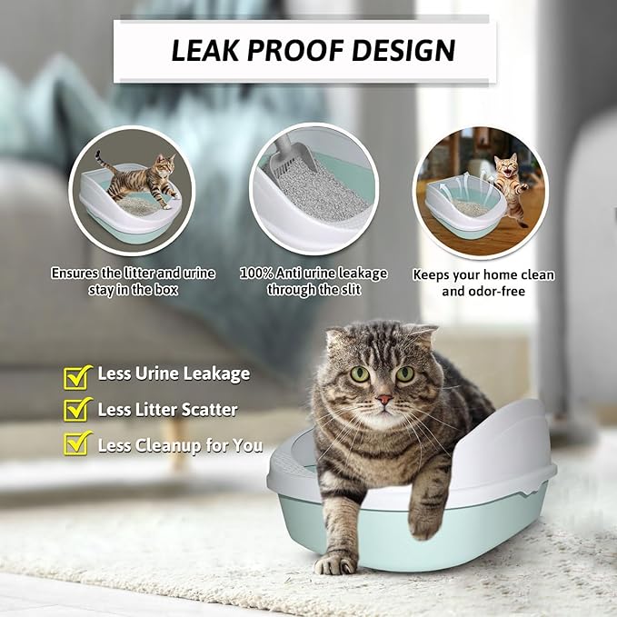 Premium Cat Litter Box Tray with Scooper (Light Green - Medium) (49x38x22cm)