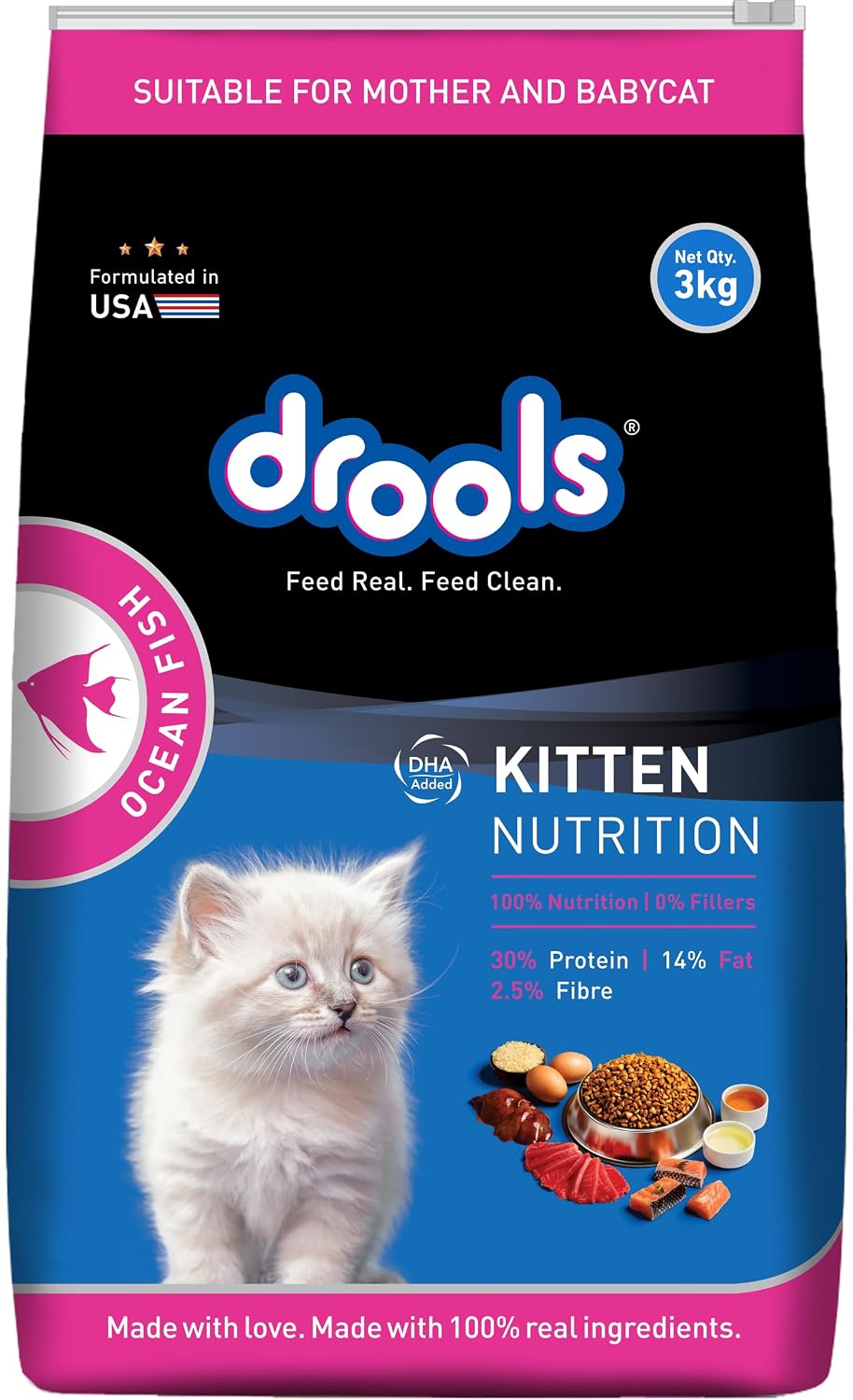 Drools Kitten Ocean Fish Cat Food 3kg | Complete & Balanced Dry Kitten Food | Ocean Fish Formula | High Protein | DHA & Taurine | Healthy Growth, Brain Development & Immunity