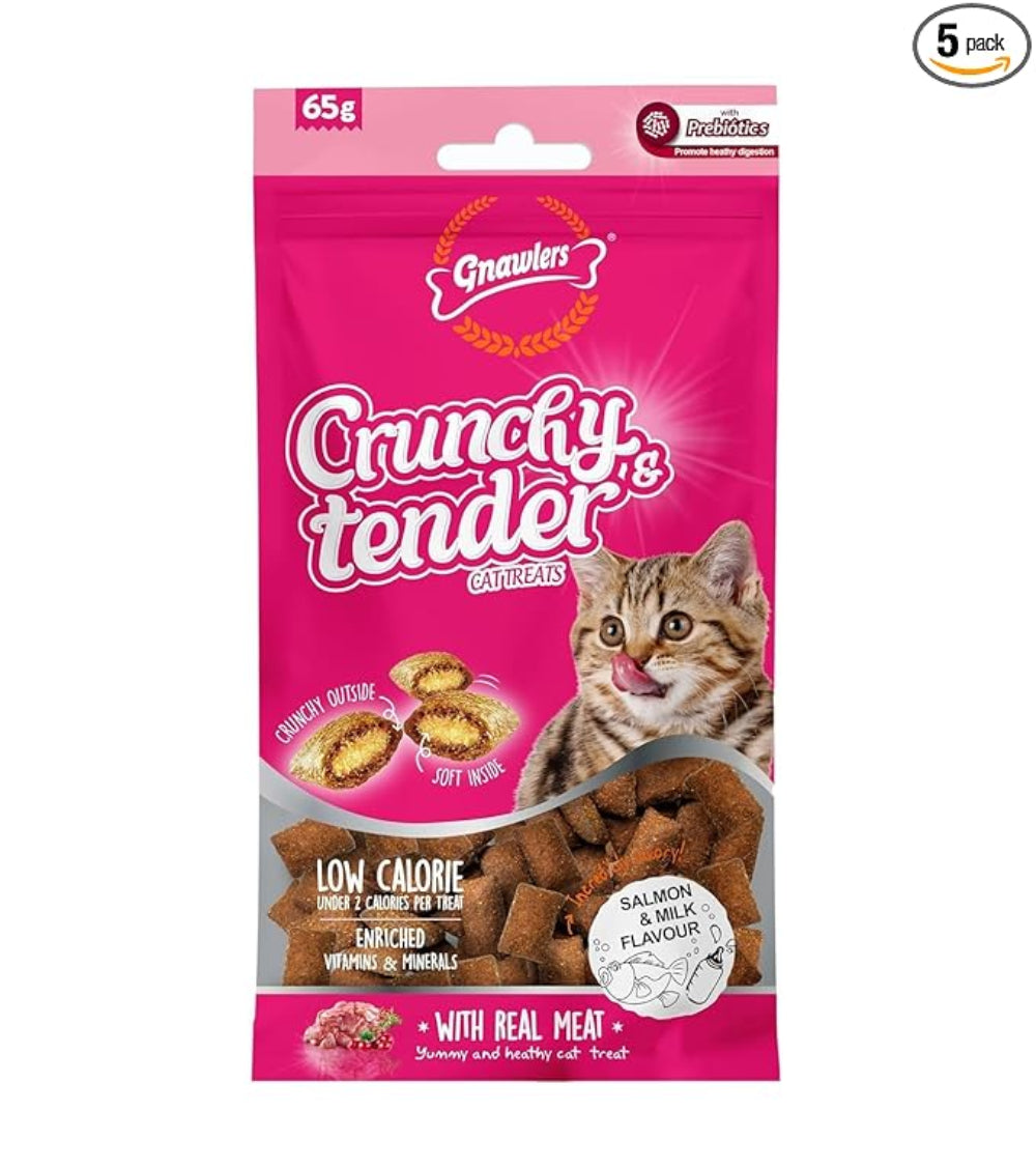 Gnawlers Crunchy & Tender Cat Treats 65g Salmon & Milk Pack 5