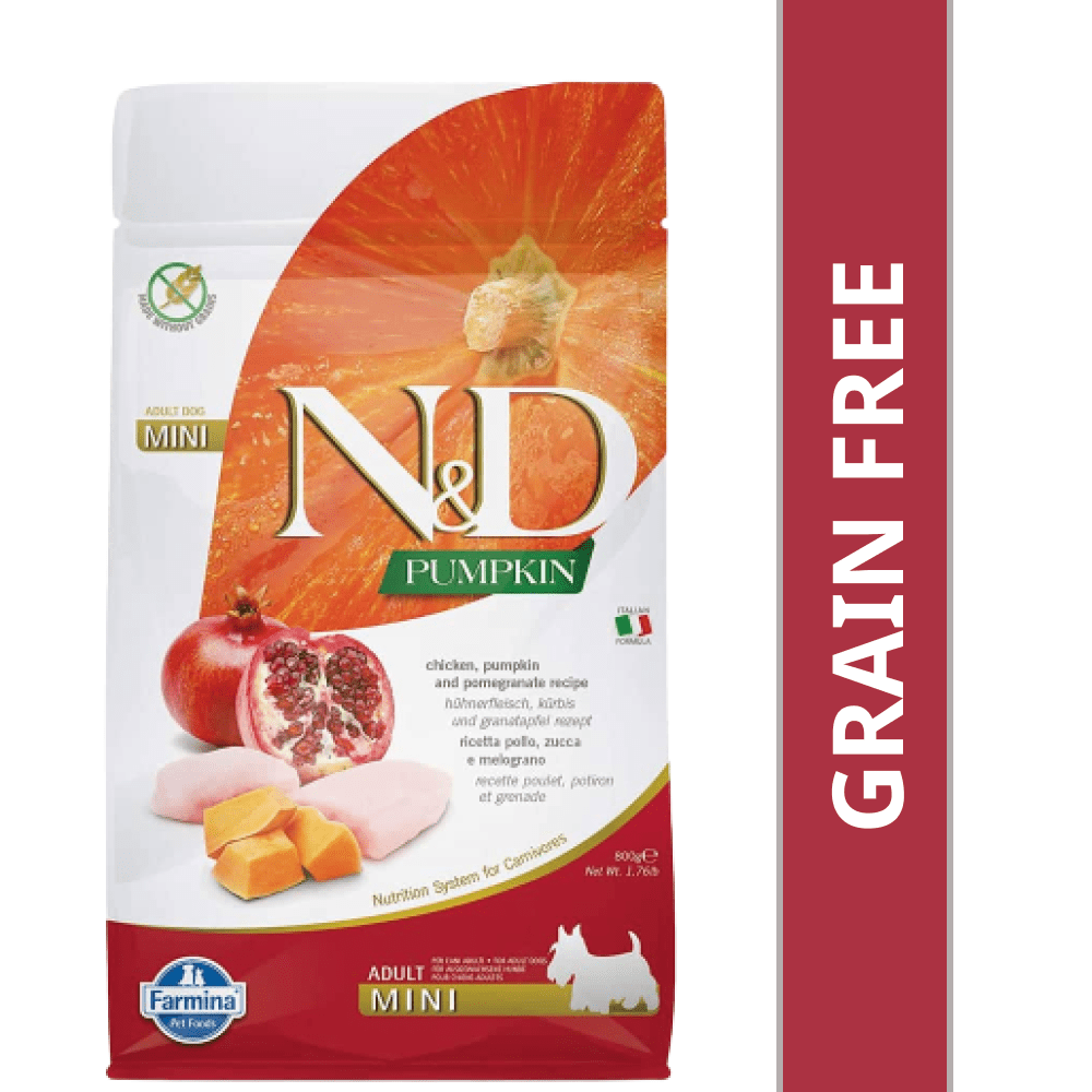 Farmina N&D Pumpkin Grain Free Chicken & Pomegranate Adult Mini Dog Food 800g | High Protein Dry Dog Food for Small Breed Adult Dogs | Digestive Health, Skin & Coat Support