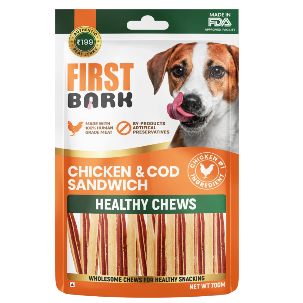 First Bark Chicken & Cod Sandwich Dog Treats 70g Pack of 2 | Premium Chicken & Cod Fish Dog Snacks | High Protein Soft Chewy Treats for Puppies & Adult Dogs | Healthy Natural Reward Treats