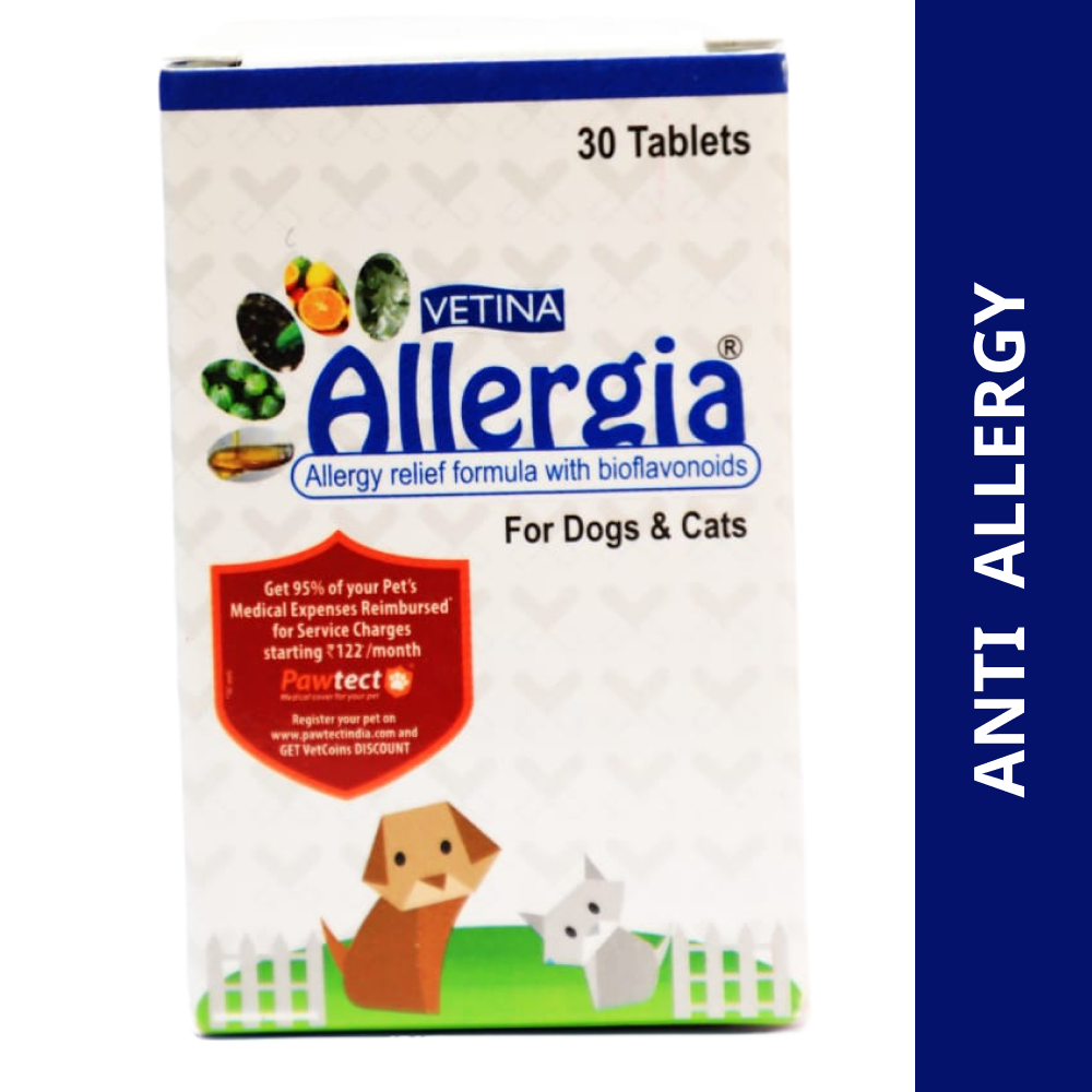 Vetina Allergia Tablets for Dogs & Cats 30 Tablets | Anti-Allergy Support Supplement | Skin, Coat & Immune Support Formula for Pets