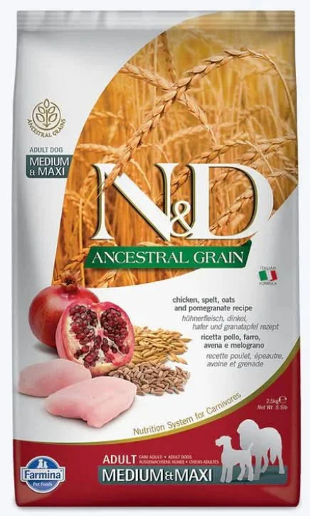 Farmina N&D Ancestral Grain Chicken, Spelt, Oats & Pomegranate Adult Medium & Maxi Dog Food 2.5kg | High Protein Dry Dog Food for Medium & Large Breed Adult Dogs | Digestive & Joint Support