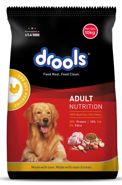 Drools Adult Chicken & Egg Dry Dog Food 10kg | High Protein Complete Nutrition for Adult Dogs | Chicken & Egg Formula for Healthy Muscles, Skin & Coat Support